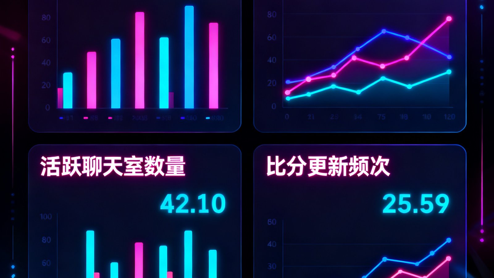 看个球平台数据总览仪表盘，中央展示实时在线用户数、当日直播场次、活跃聊天室数量和比分更新频次等关键运营指标，采用深色背景配合霓虹色数据图表